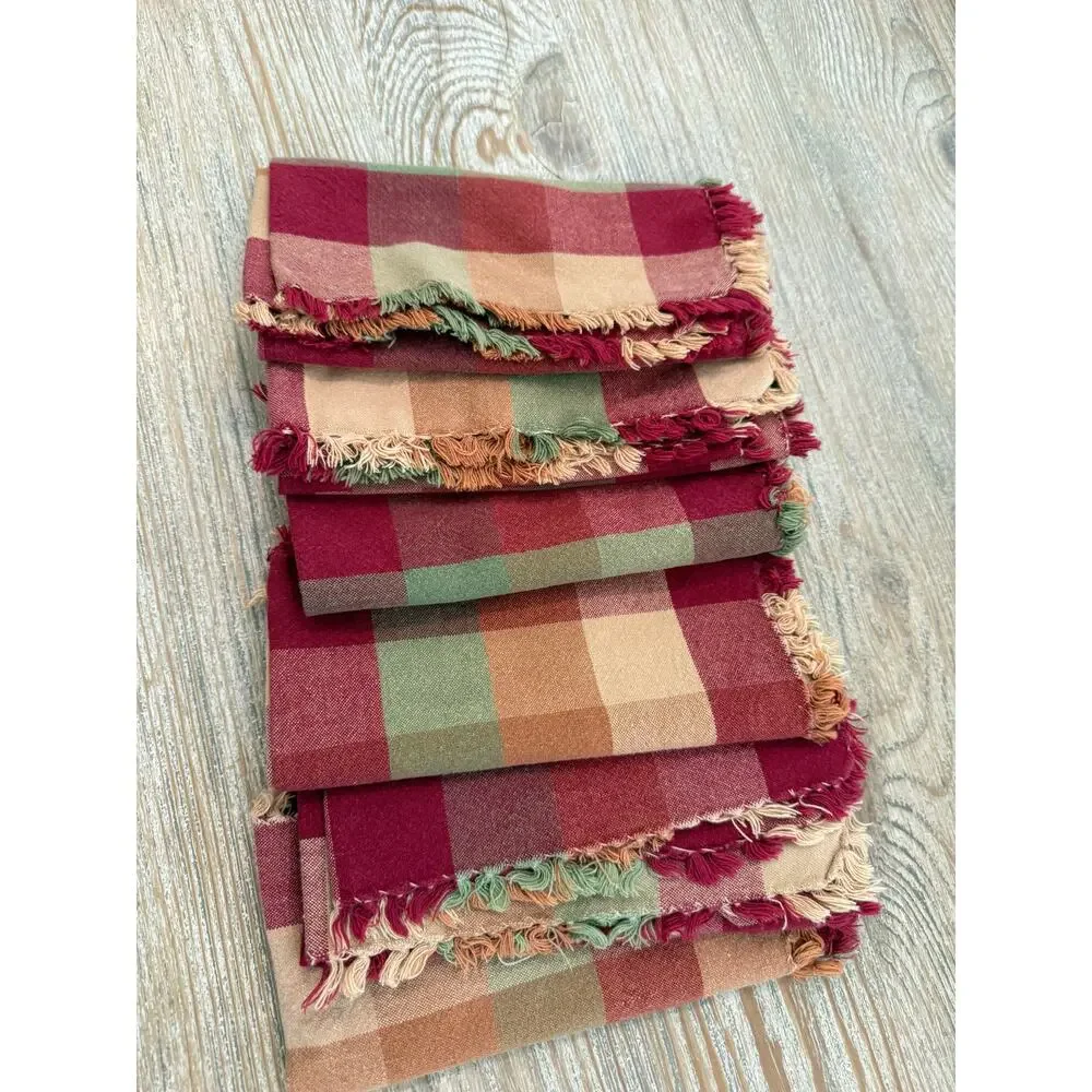 Country Cotton Fringed Napkin Bundle Red Green Plaid Print